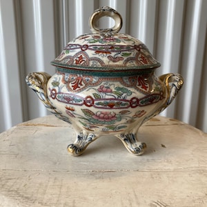 Flow Blue Mulberry Polychrome Floral Sauce Tureen by Brownfield