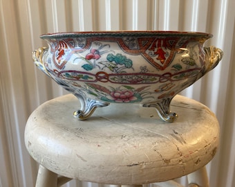 Flow Blue Mulberry Polychrome Floral Open Footed Compote by Brownfield