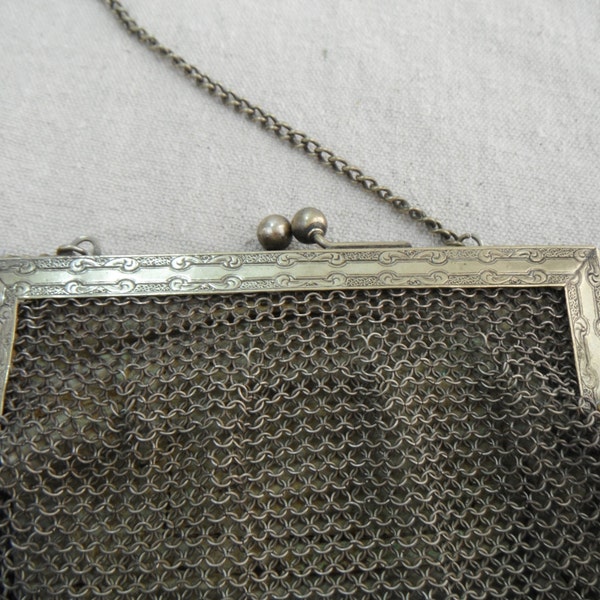 German Silver Mesh Purse with hand-stitched kid leather lining