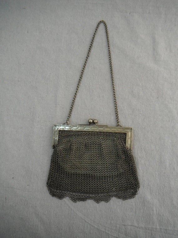 German Silver Mesh Purse with hand-stitched kid le