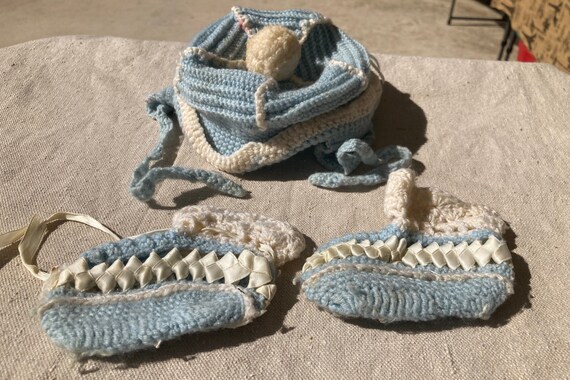 Crocheted Baby Winter Hat and Booties Late 1950s/… - image 1