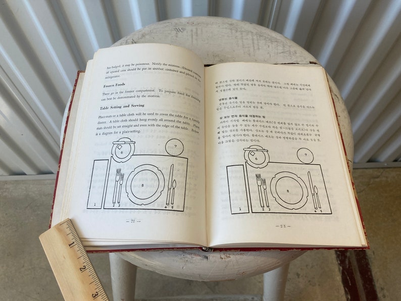 Peut inclure: Une illustration en noir et blanc d'un couvert de table formel avec des couverts num&eacute;rot&eacute;s. L'illustration montre une assiette, une fourchette, un couteau et une serviette. Le texte "Table Setting and Serving" est visible sur la page.