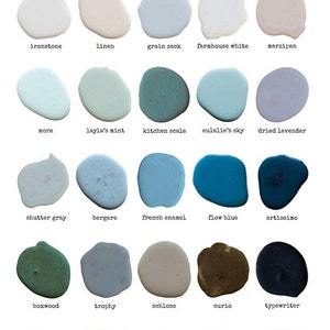May include: A color chart showing 20 different shades of milk paint. The paint colors are arranged in rows of four, with each color labeled with its name. The names include: Ironstone, Linen, Grain Sack, Farmhouse White, Marzipan, Mora, Layla's Mint, Kitchen Scale, Eulalie's Sky, Dried Lavendar, Shutter Gray, Bergere, French Enamel, Flow Blue, Artissimo, Boxwood, Trophy, Schloss, Curio, Typewriter, Lucketts Green, Mustard Seed Yellow, Arabesque, Apron Strings, and Tricycle.