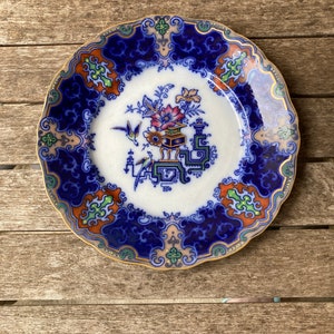 Flow Blue Polychrome Plate by Ridgway and Morley