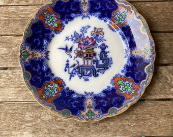 Flow Blue Polychrome Plate by Ridgway and Morley