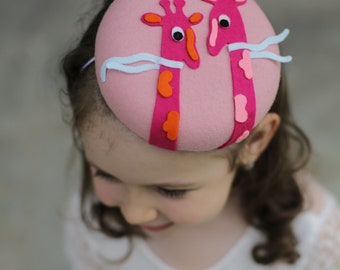 Pink Little Girls Fashion Beret Hat with Giraffe, Animal Headband, Girls Fancy Tea Party Hats, Little Girl Fascinator