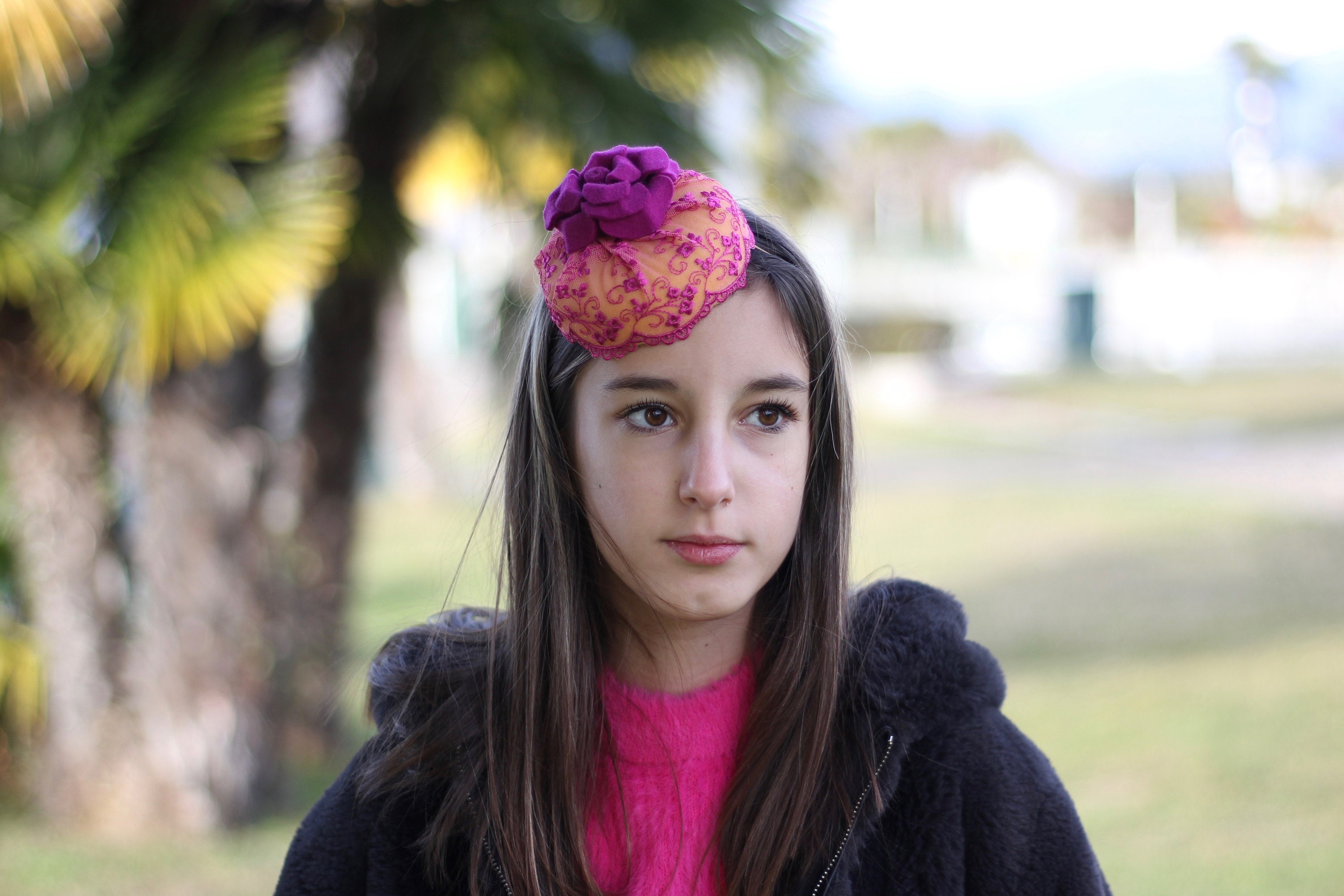 Fuchsia Lace Girls Mini Beret Hat, Girls Photo Prop, Pink  display picture 3