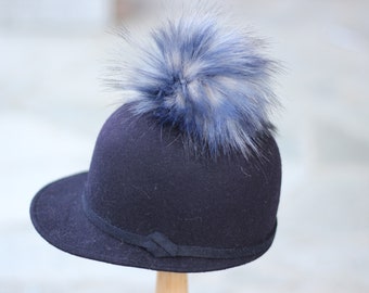 Navy Blue Little Girls Newsboy Felt Winter Cap, Toddler Hats, Girls Cap Hat, Custom made Hat, Hat with Pom Pom