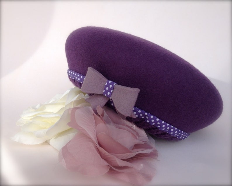 Purple French Beret With Bow, Little Girls Beret Hat, Baby Girl Winter Hat, Warm Wool Hat, Wool