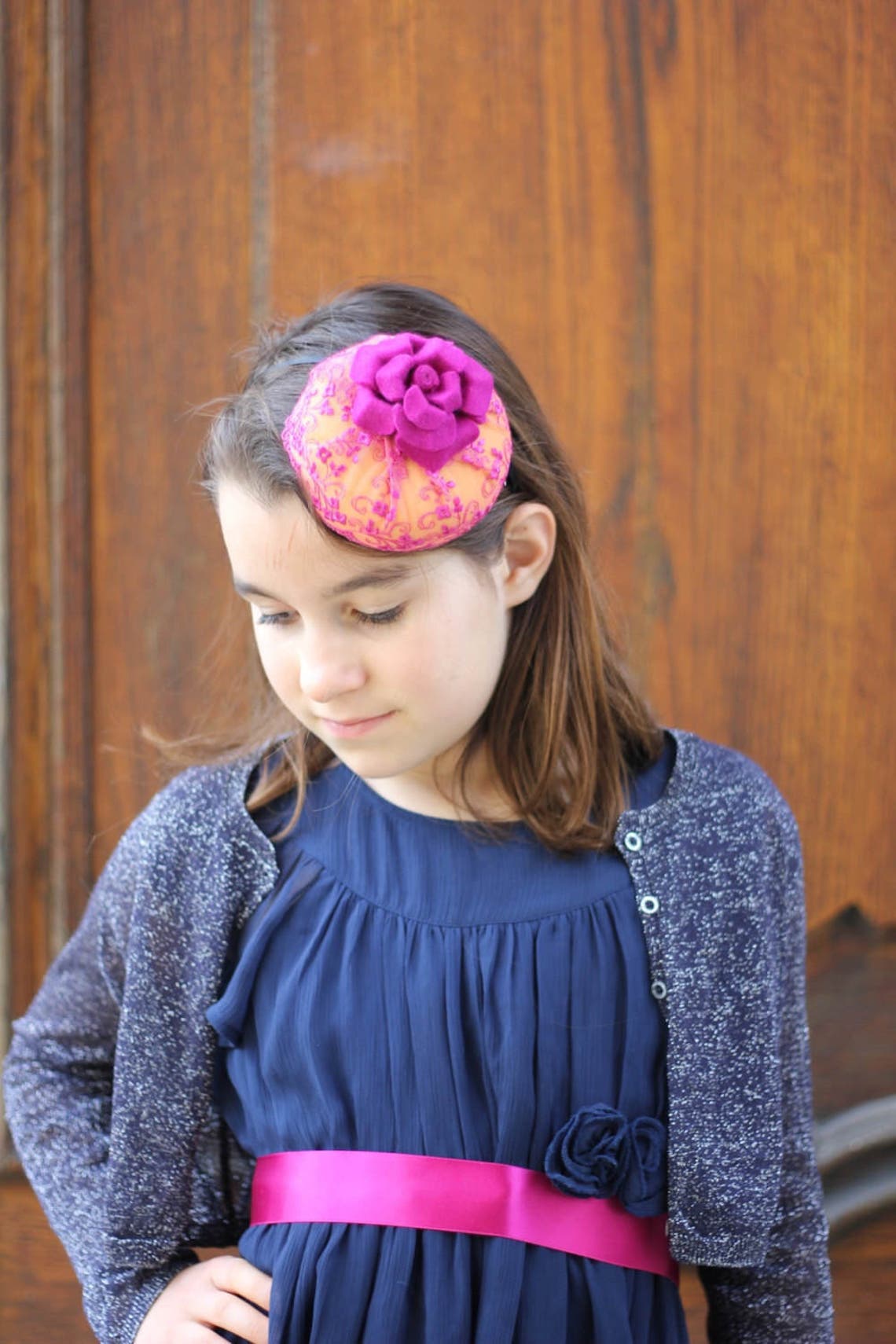 Fuchsia Lace Girls Mini Beret Hat, Girls Photo Prop, Pink Little Girls