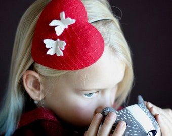 Red Heart Beret Hat, Little Girls Mini Top Hat, Girls Fascinator Hat with Butterflies, Fancy Hats, Tea Party Hats, Mini Hats