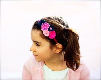 Pink Roses Girl's Hairband Navy Blue Floral Felted Wool Children Size Comfortable Fit Kid's Head Band Sparkly Rhinestone