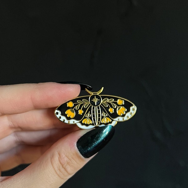 Floral Moth Enamel Pin - Moth with Yellow Flowers Lapel Pin - Butterfly Flower Brooch - Witchy Accesories - Cottagecore Gifts