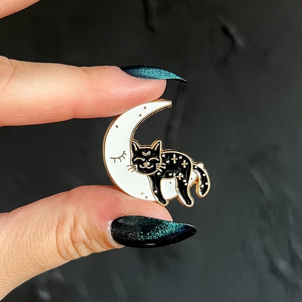 Cute Moon and Cat Enamel Pin - Cat Sleeping on Moon Pin - Pushback Pin - Black Kitty - Celestial Pin - Witchy Gift Idea