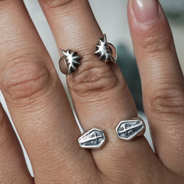 Witchy Midi Rings - Sterling Silver Gothic Rings - Sterling Silver Stacking Ring Coffin Ring - Bat Ring - Silver Open Ring -