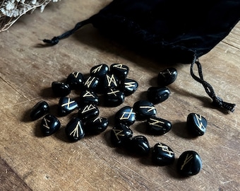 Black Obsidian Rune Set - Elder Futhark Runes - Ritual Tools - Black Stone Runes - Witchy Decor - Witches Divination