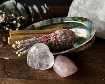 SELF LOVE Crystal Set - Abalone Shell Bundle - Energy Cleansing - Witchy Decor - Meditation - Housewarming Gift - Sacred Spaces