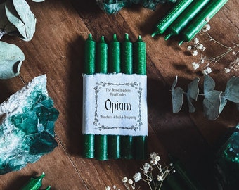 Bougies magiques vert opium, 5 pouces, bougies carillon vertes parfumées à l'opium, bougies de sorcière, bougie rituelle, bougies en vrac, argent, chance, abondance