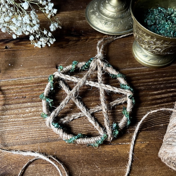 Green Apatite Crystal Pentacle  - Witchy Decor - Pentagram Wall Hanging - Green Witch Cottagecore Boho Car Charm