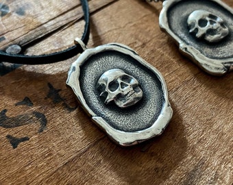 Mens Skull Necklace, Silver Skull Pendant, Sterling Silver Wax Seal Jewelry, Memento Mori,