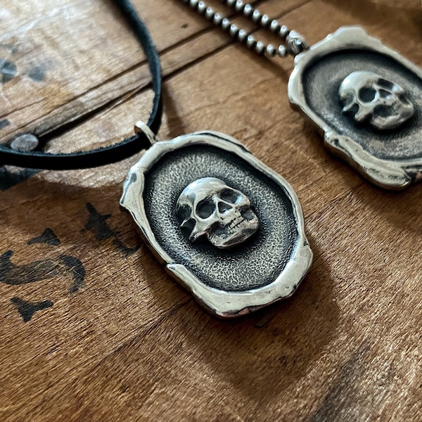 Mens Skull Necklace, Silver Skull Pendant, Sterling Silver Wax Seal Jewelry, Memento Mori,