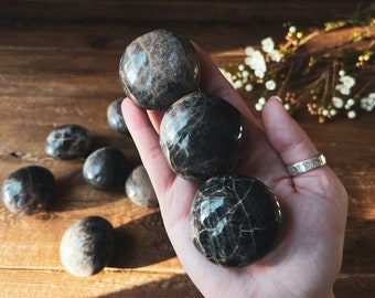 Black Moonstone Palm Stones - Flashy Moonstone Crystal - Root Chakra Stones - New Moon Stones