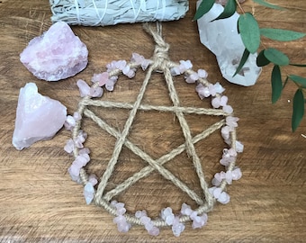 Rose Quartz Crystal Pentacle Wall Hanging: Witchy Altar Decor