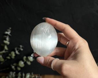 Polished Selenite Crystal Palm Stone, Crown Chakra Meditation