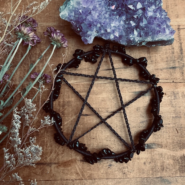 Black Obsidian Crystal Pentacle - Witchy Decor Gift  - Black Crystal Pentagram Wreath - Grounding and Protection - Altar -