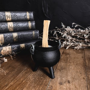 May include: A black cast iron cauldron with three legs and a wooden stick inside. The cauldron is sitting on a wooden surface.