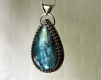 Labradorite Necklace, Sterling Silver Labradorite Pendant, Blue Gemstone Necklace, Boho Jewellery,  Statement Necklace