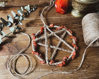 Carnelian Crystal Pentacle, Witchy Decor, Altar, Crystal Pentagram, Healing Crystals Wall Hanging, Red Carnelian for Courage and Strength