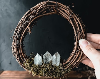 Small Crystal Wreath Wall Hanging - Green Witch Wall Art - Witchy Decor - Nature Inspired Altar Decor