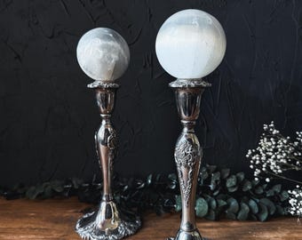 Vintage Silver Plated Candlesticks – Gothic Mantel Decor, Crystal Ball Stand, Large Candle Holders, Witchy Decor