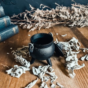 May include: A small black cast iron cauldron with a lid and three legs. The cauldron is sitting on a wooden surface with white sage leaves scattered around it.
