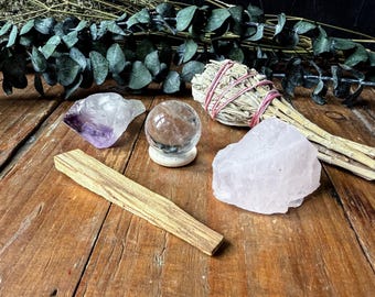 Self Love Crystal Set – Rose Quartz, Amethyst, Sage, Palo Santo