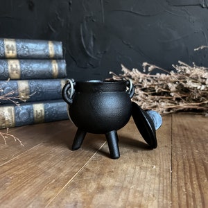 May include: A small black cauldron with three legs and a lid. The cauldron is made of cast iron and has a rustic look.