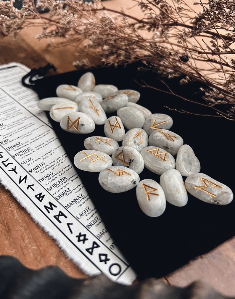 Moonstone Rune Set - Elder Futhark Runes - Ritual Tools - White Crystal ...
