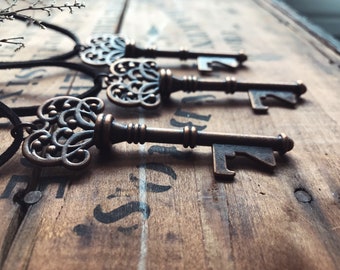 Skeleton Key Bottle Opener Necklace - Vintage Style Suede Cord