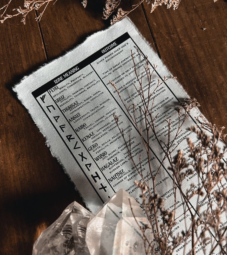 May include: A black and white chart with the names of runes and their meanings and outcomes. The chart is on a wooden surface with dried flowers.