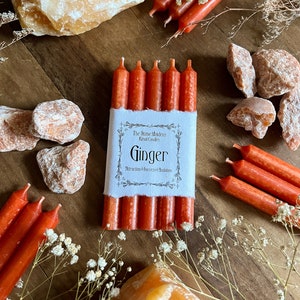 K&ouml;nnte beinhalten: Ein Set mit sechs orangefarbenen Ingwer-Ritualkerzen mit einem wei&szlig;en Etikett, auf dem "The Stone Minders Ritual Candles Ginger  Attraction/Success/Abundance" steht.