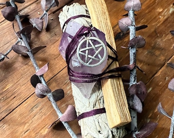 Goddess Cleansing Bundle -  Amethyst, White Sage,  Palo Santo, Energy Clearing, Ritual Tools, Witchy Altar Decor