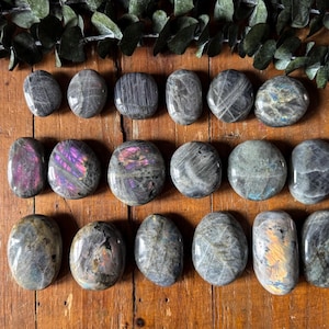 May include: A selection of polished labradorite stones in various shapes and sizes, showing iridescent flashes of blue, purple, and gold. The stones are arranged on a wooden surface with green foliage.
