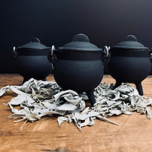 May include: Three small black cast iron cauldrons with silver handles sitting on a bed of white sage.