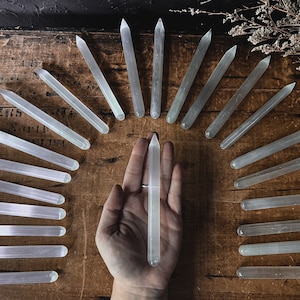May include: A collection of selenite wands, also known as selenite sticks, arranged in a semi-circle on a wooden surface. The wands are white and translucent, with a smooth, polished finish. One wand is held in a hand in the centre of the image.