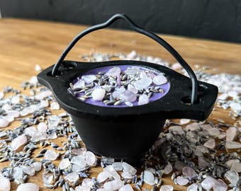 Lavender Cauldron Candle - Rose Quartz Crystal Candle, Witchy Decor, Ritual Tools, Purple Candle, Spell Candles