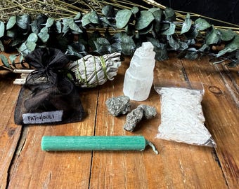 Abundance Ritual Kit – Sage, Crystals, Spell Candle, Incense, Selenite, Pyrite Clusters, Quartz Points for Grid