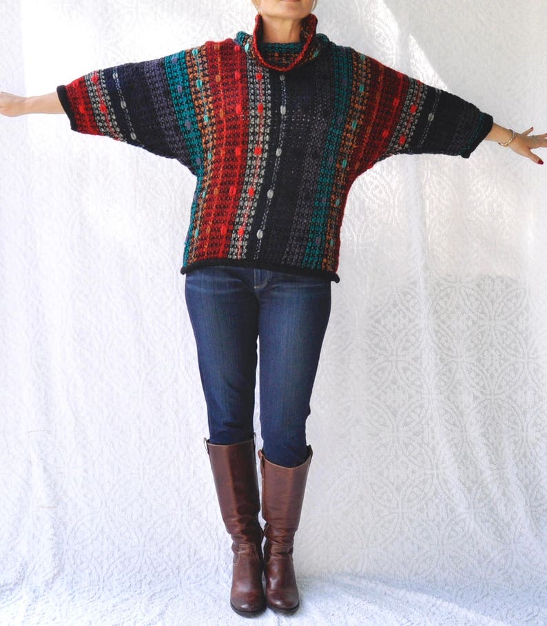 80s Mock Neck Sweater Crop Sleeve Sweater 1980s Sweater with Cowl Neck || Colorful Knit Sweater Retro 80s Jumper Boho Cowl Neck Sweater