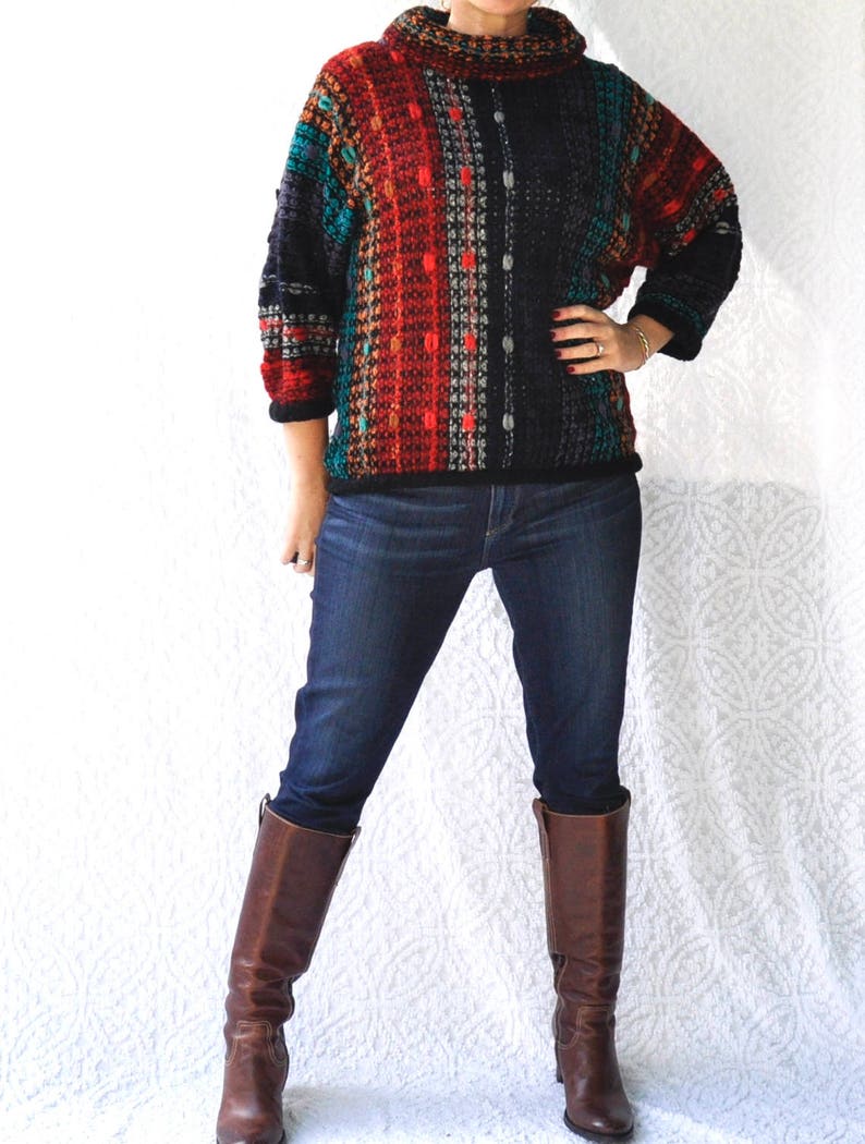 80s Mock Neck Sweater Crop Sleeve Sweater 1980s Sweater with Cowl Neck || Colorful Knit Sweater Retro 80s Jumper Boho Cowl Neck Sweater