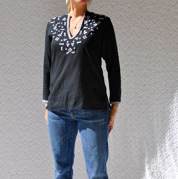 Black Embroidered Tunic. Black & White Mirrored Bl
